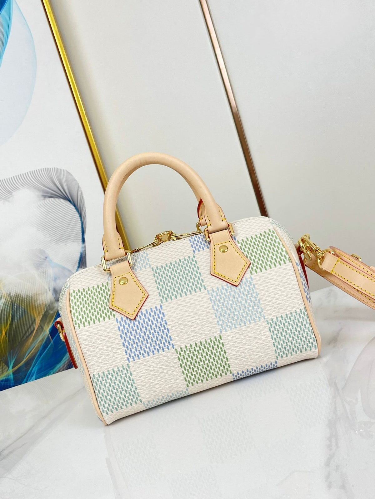 Speedy Bandoulière 20 in Pistachio Damier Giant Canvas Gold Hardware