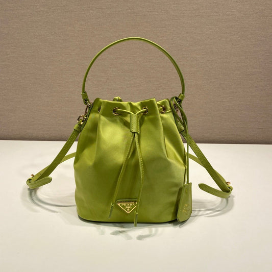 Bucket Bag 19 in Apple Green Re-nylon and Saffiano Leather Handle