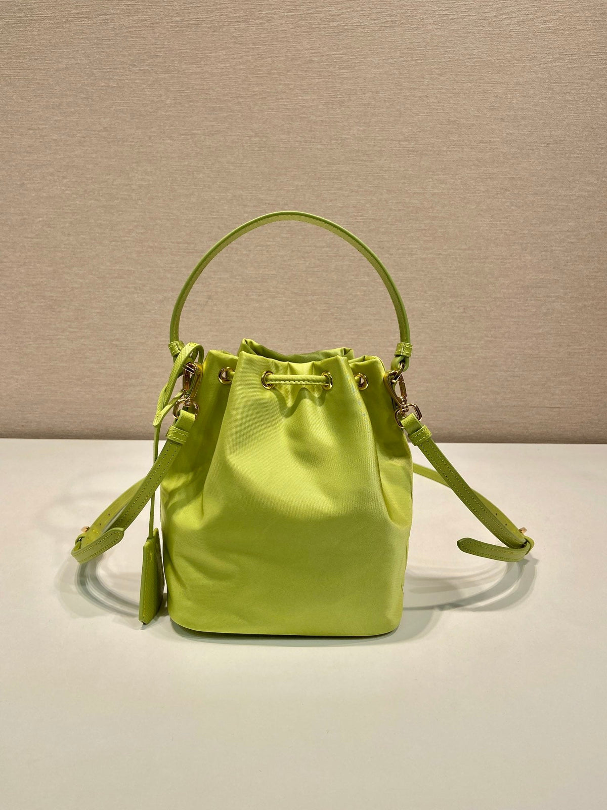 Bucket Bag 19 in Apple Green Re-nylon and Saffiano Leather Handle