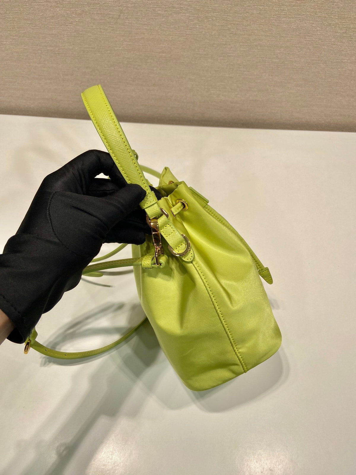 Bucket Bag 19 in Apple Green Re-nylon and Saffiano Leather Handle