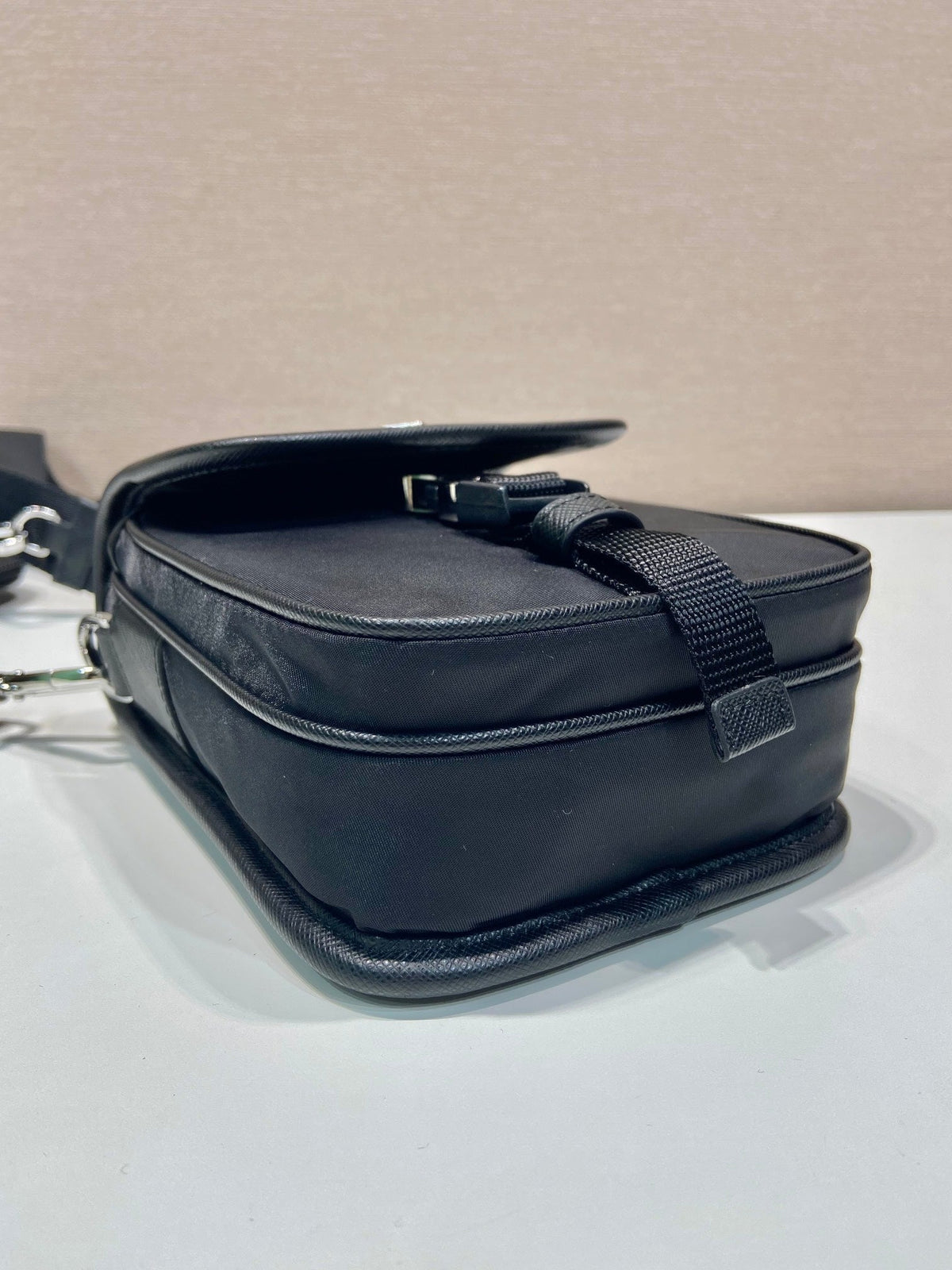 Phone Bag 19 in Black Re-nylon and Saffiano Leather Trim