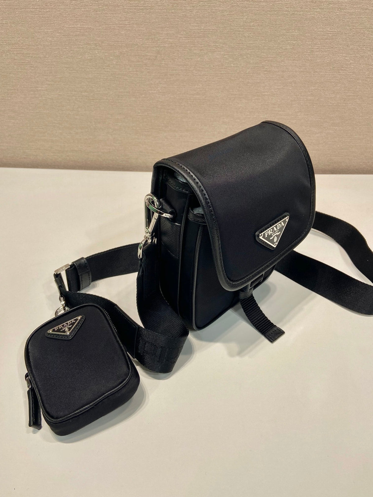 Phone Bag 19 in Black Re-nylon and Saffiano Leather Trim