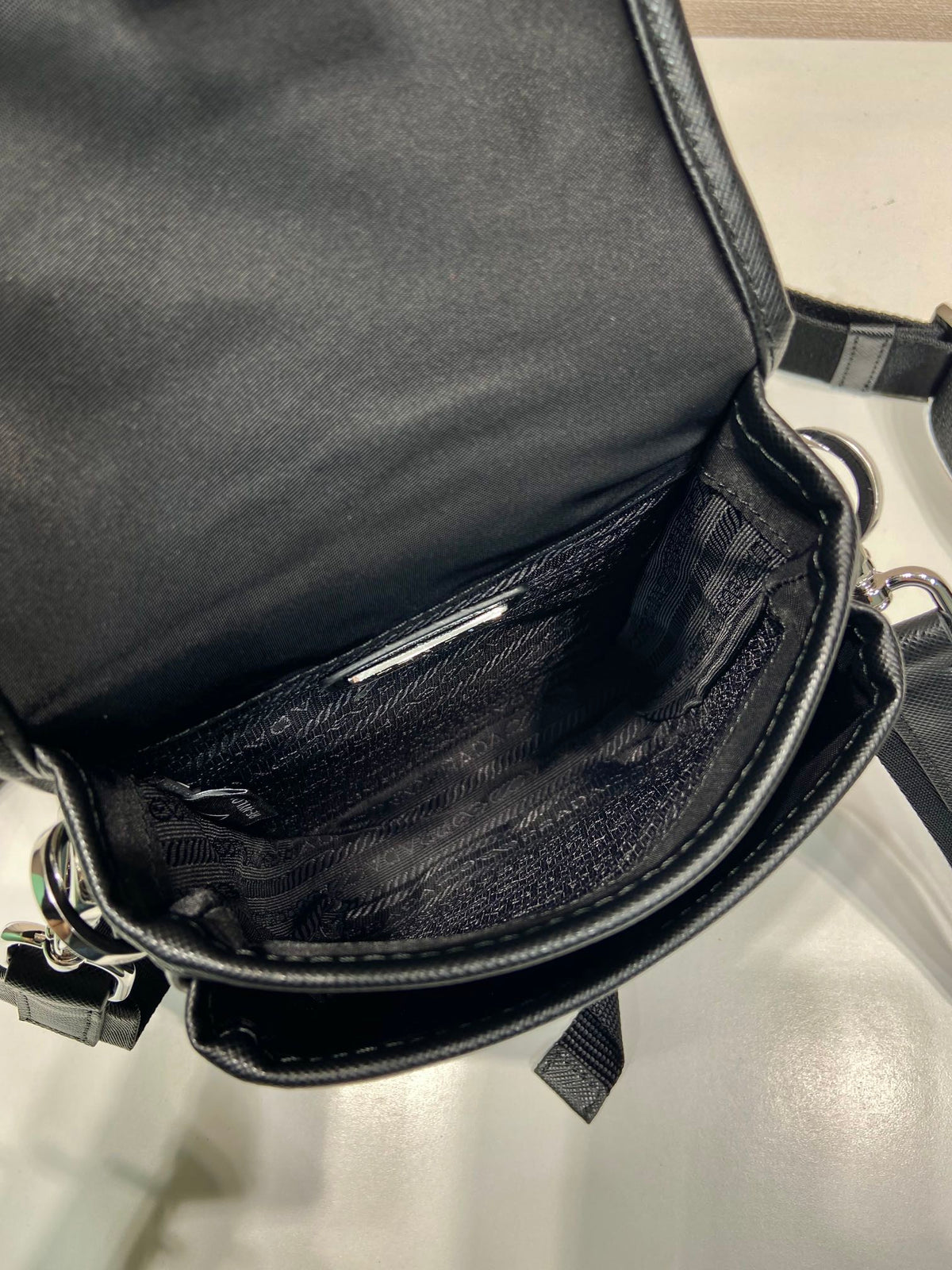 Phone Bag 19 in Black Re-nylon and Saffiano Leather Trim