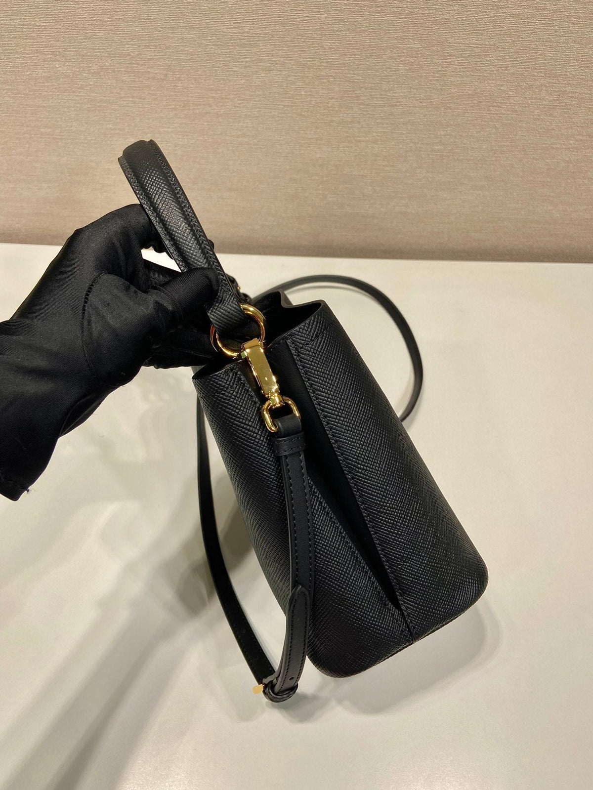 Mini Bucket Bag 18 in Black Saffiano Leather