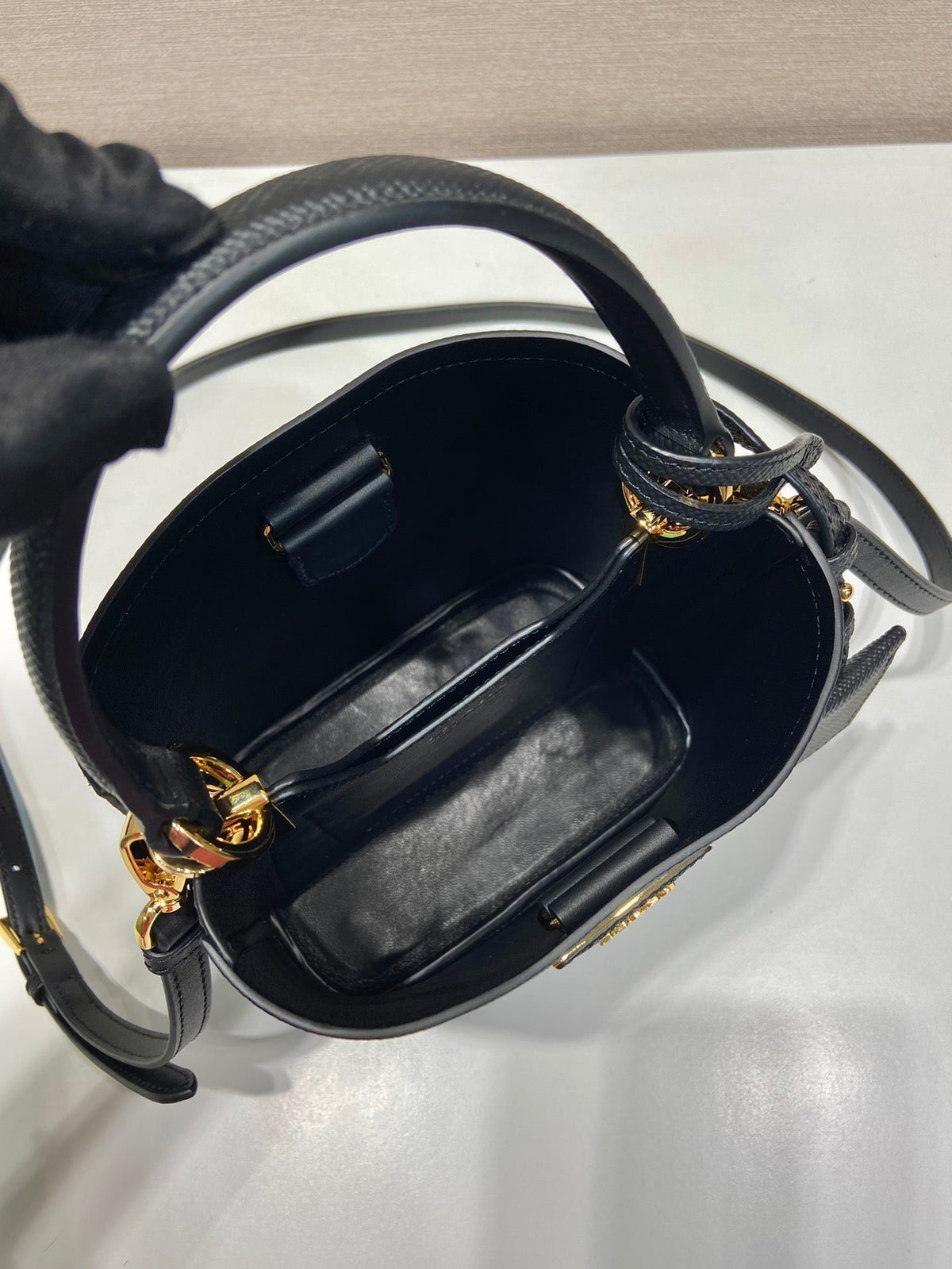 Mini Bucket Bag 18 in Black Saffiano Leather