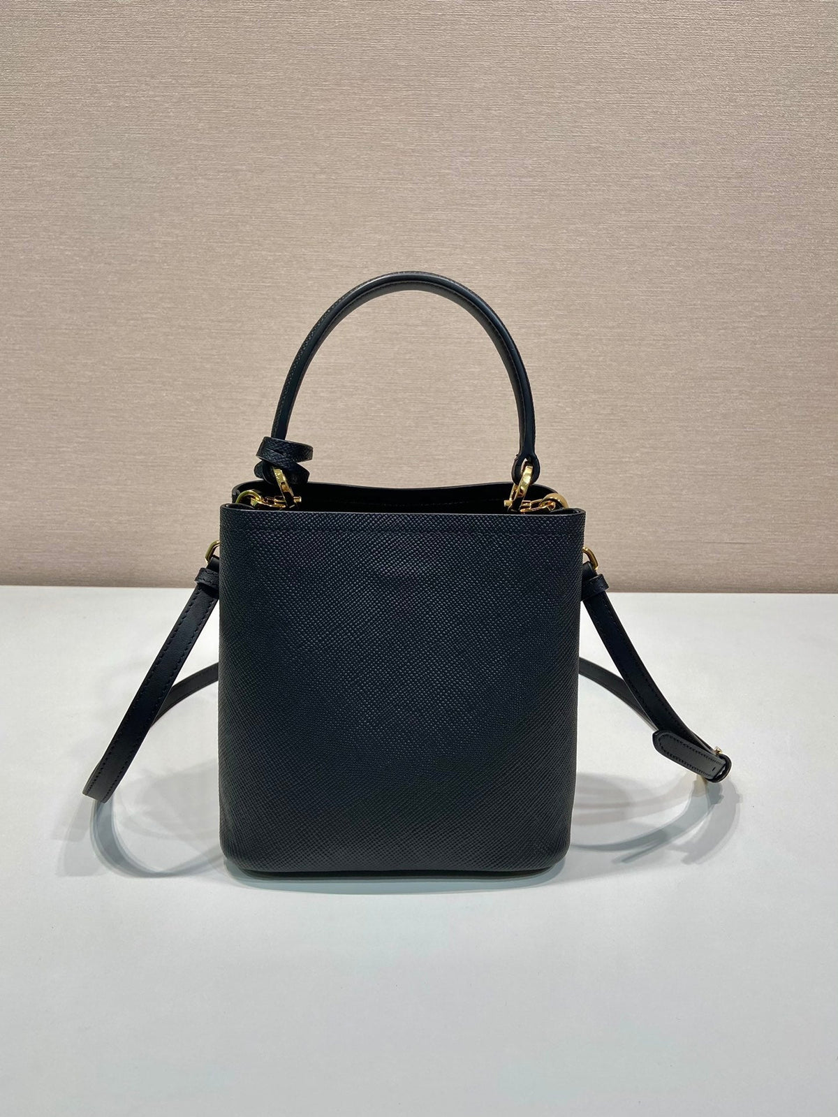 Mini Bucket Bag 18 in Black Saffiano Leather