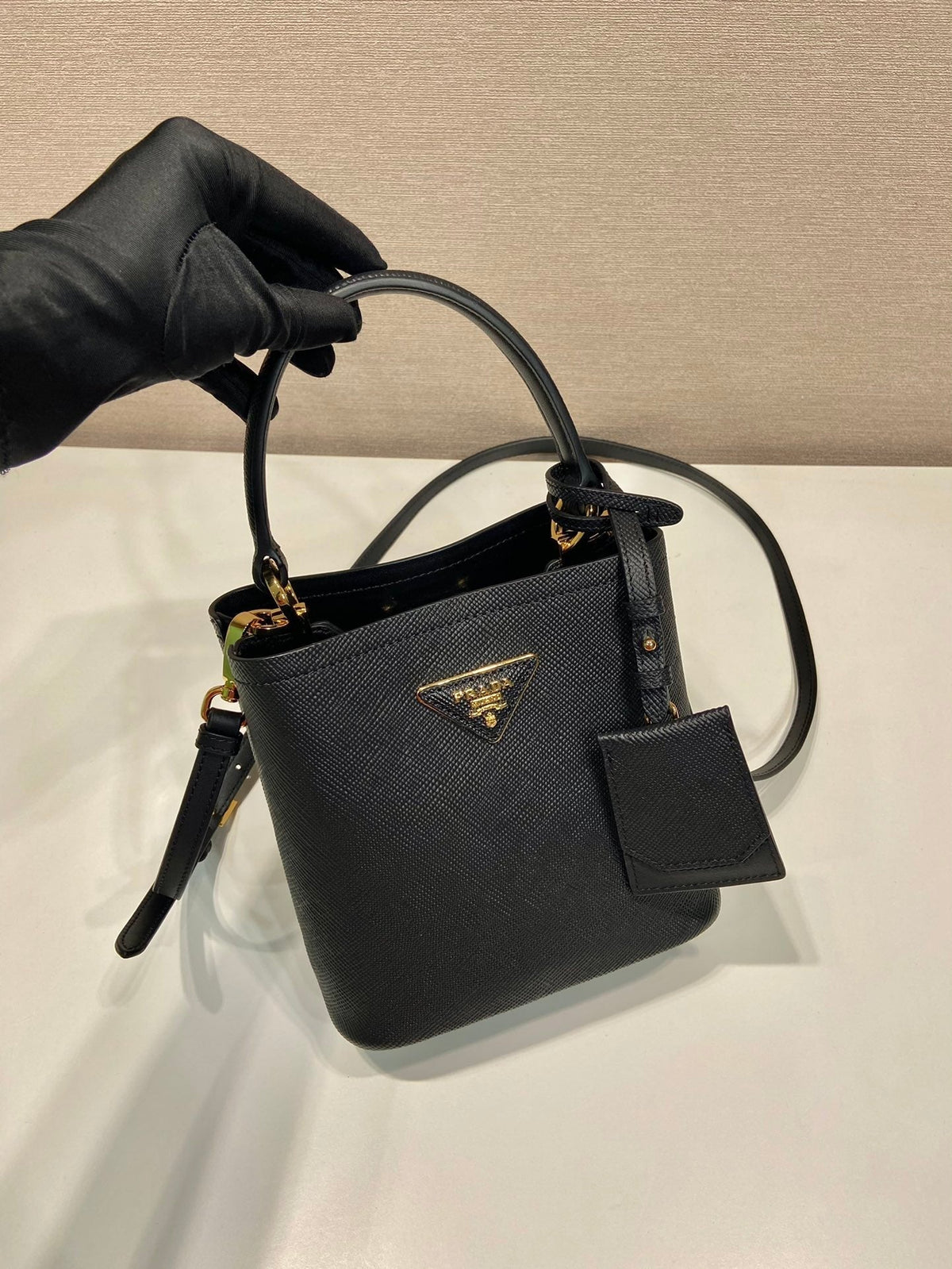 Mini Bucket Bag 18 in Black Saffiano Leather