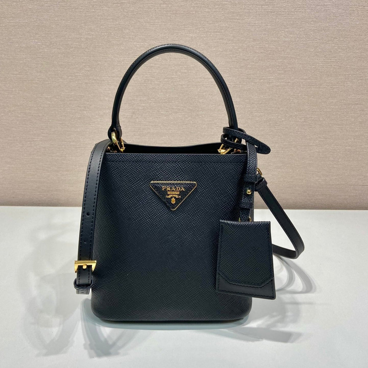 Mini Bucket Bag 18 in Black Saffiano Leather
