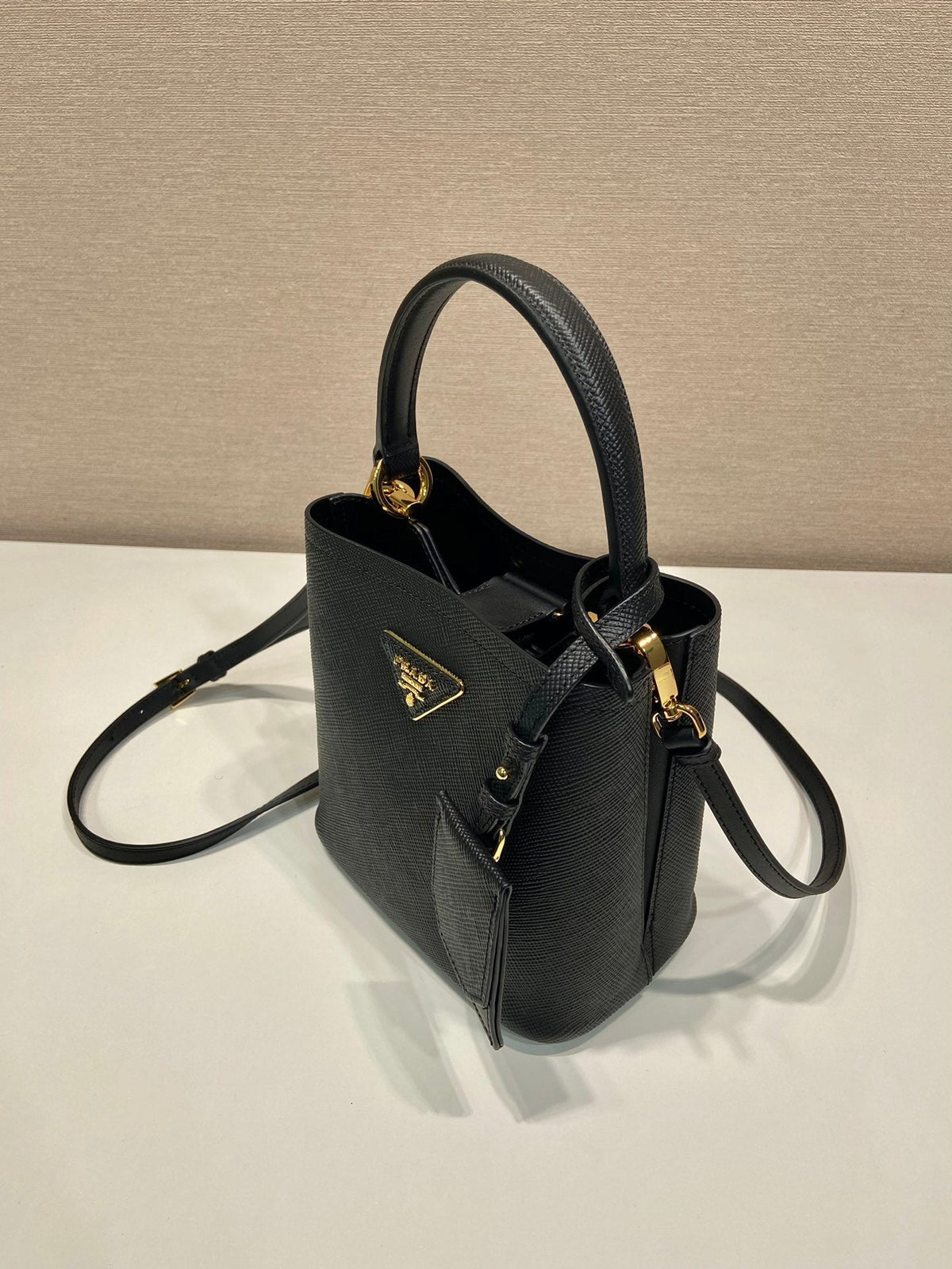 Mini Bucket Bag 18 in Black Saffiano Leather