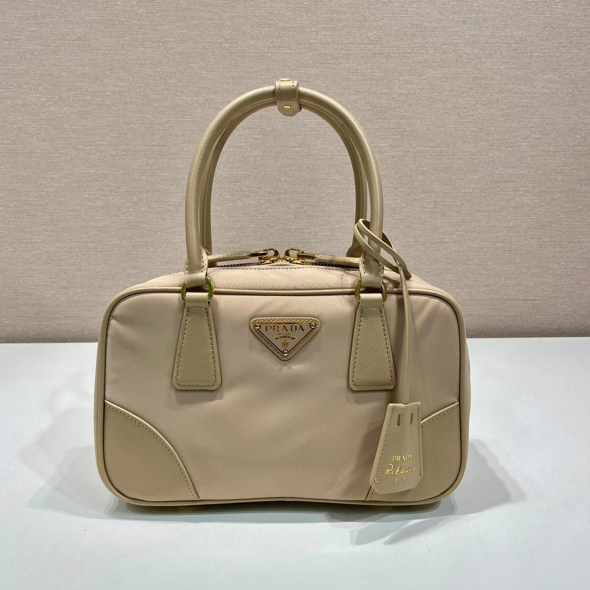 Small Top Handle Bag 25 in Dried Moss Nylon and Calfskin Trim