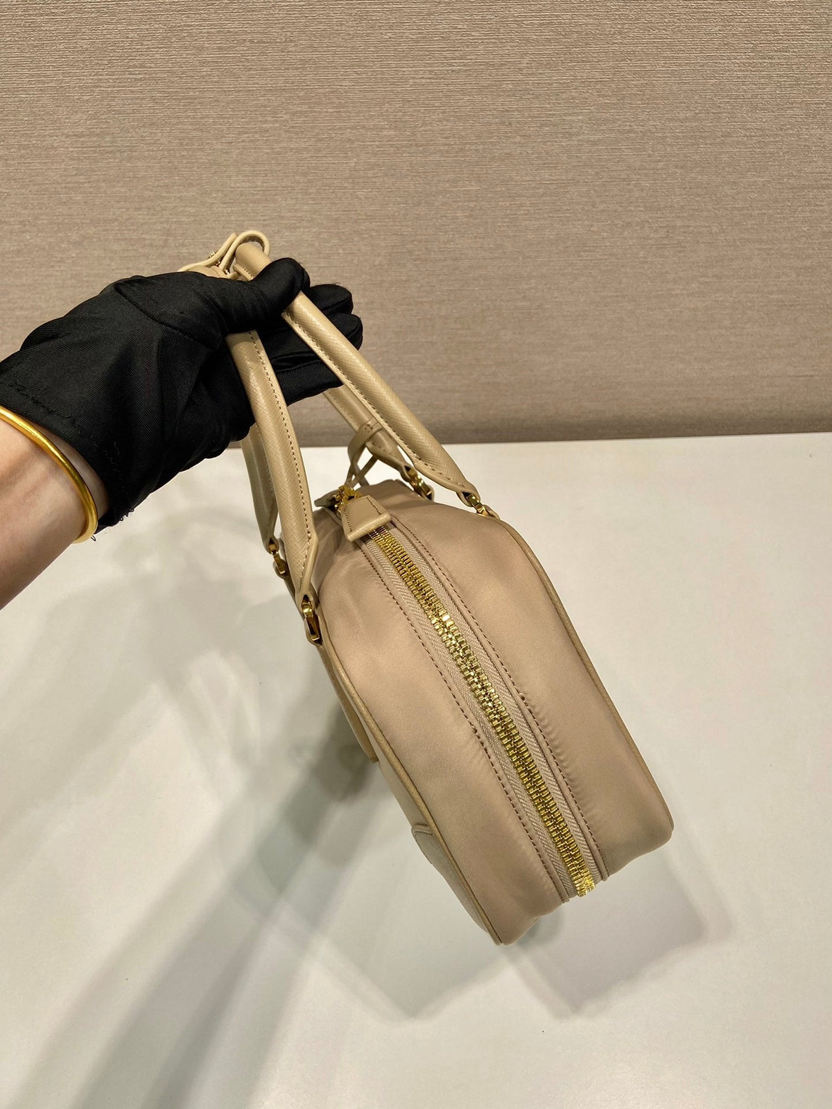 Small Top Handle Bag 25 in Dried Moss Nylon and Calfskin Trim