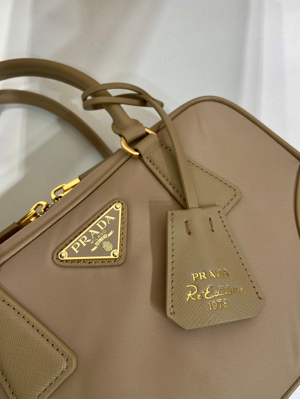Small Top Handle Bag 25 in Dried Moss Nylon and Calfskin Trim