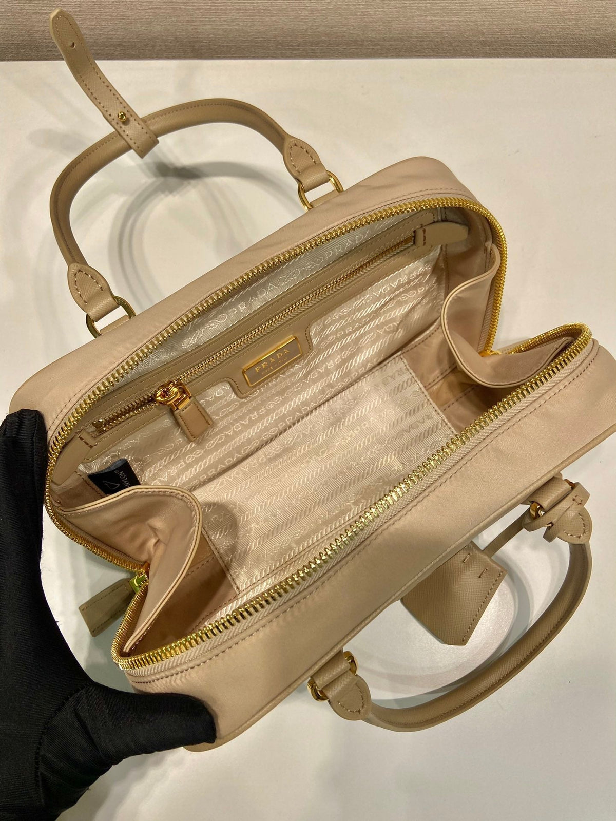 Small Top Handle Bag 25 in Dried Moss Nylon and Calfskin Trim