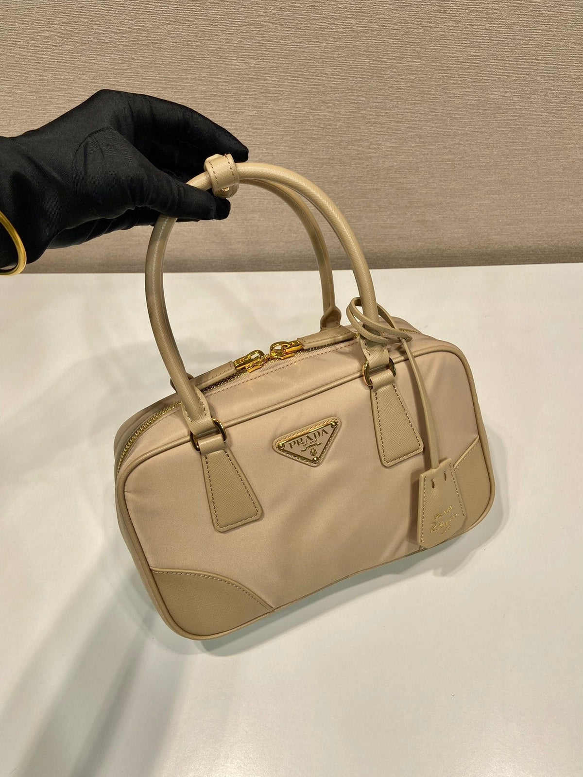 Small Top Handle Bag 25 in Dried Moss Nylon and Calfskin Trim