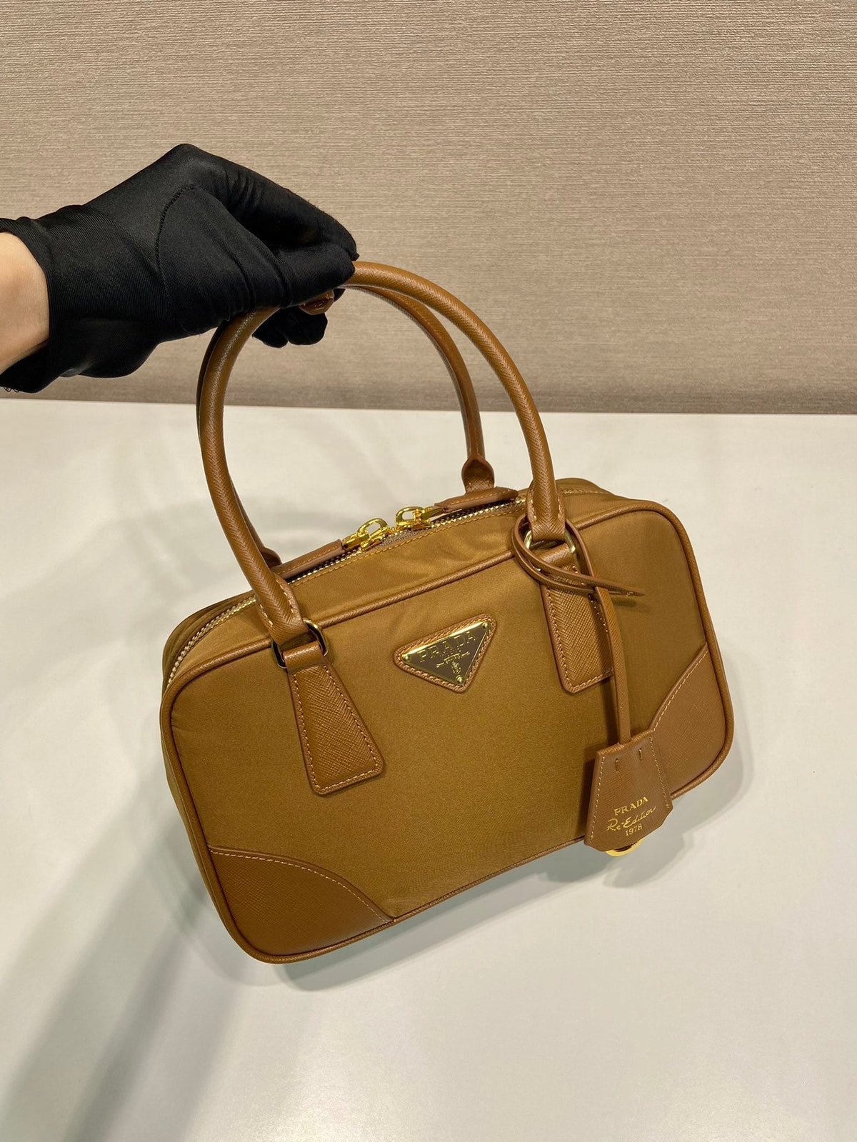 Small Top Handle Bag 25 in Golden Brown Nylon and Calfskin Trim