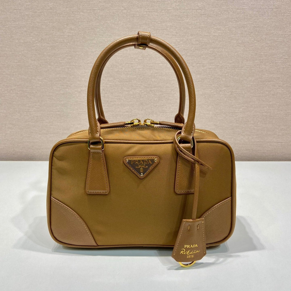 Small Top Handle Bag 25 in Golden Brown Nylon and Calfskin Trim