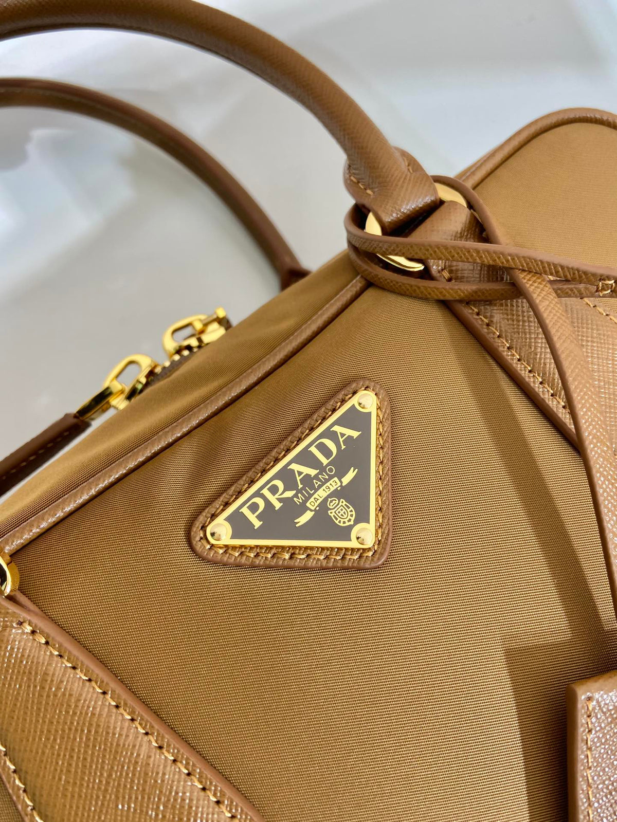 Small Top Handle Bag 25 in Golden Brown Nylon and Calfskin Trim