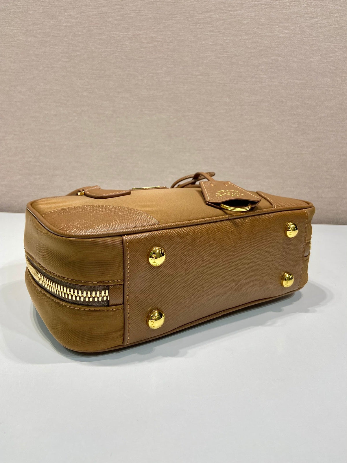 Small Top Handle Bag 25 in Golden Brown Nylon and Calfskin Trim