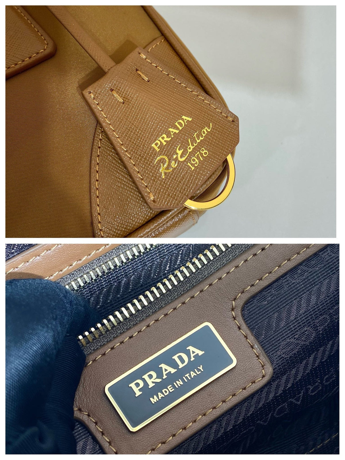 Small Top Handle Bag 25 in Golden Brown Nylon and Calfskin Trim