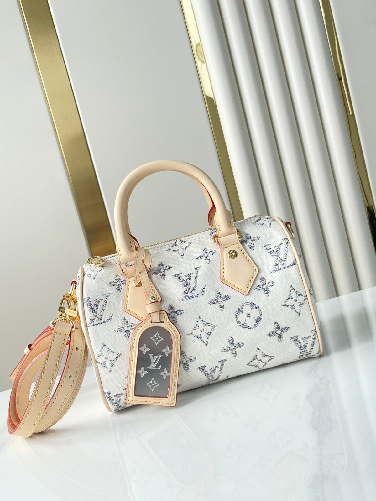 Speedy Bandoulière 20 in White Monogram Jacquard Fabric and Beige Calfskin Trim