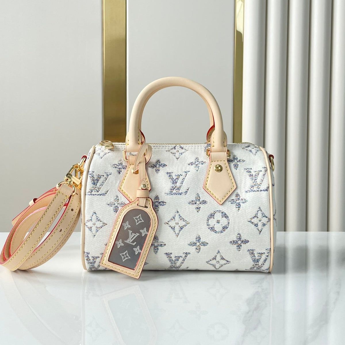 Speedy Bandoulière 20 in White Monogram Jacquard Fabric and Beige Calfskin Trim