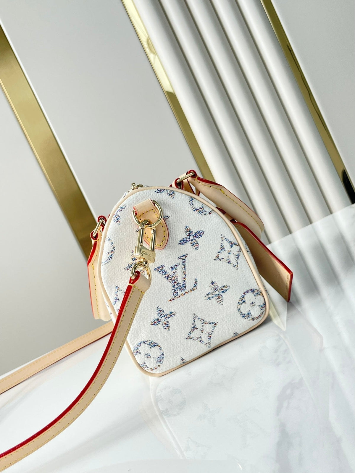 Speedy Bandoulière 20 in White Monogram Jacquard Fabric and Beige Calfskin Trim