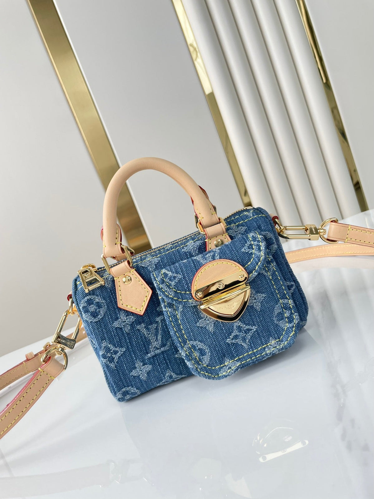 Nano Speedy 16 in Blue Monogram Denim Gold Hardware
