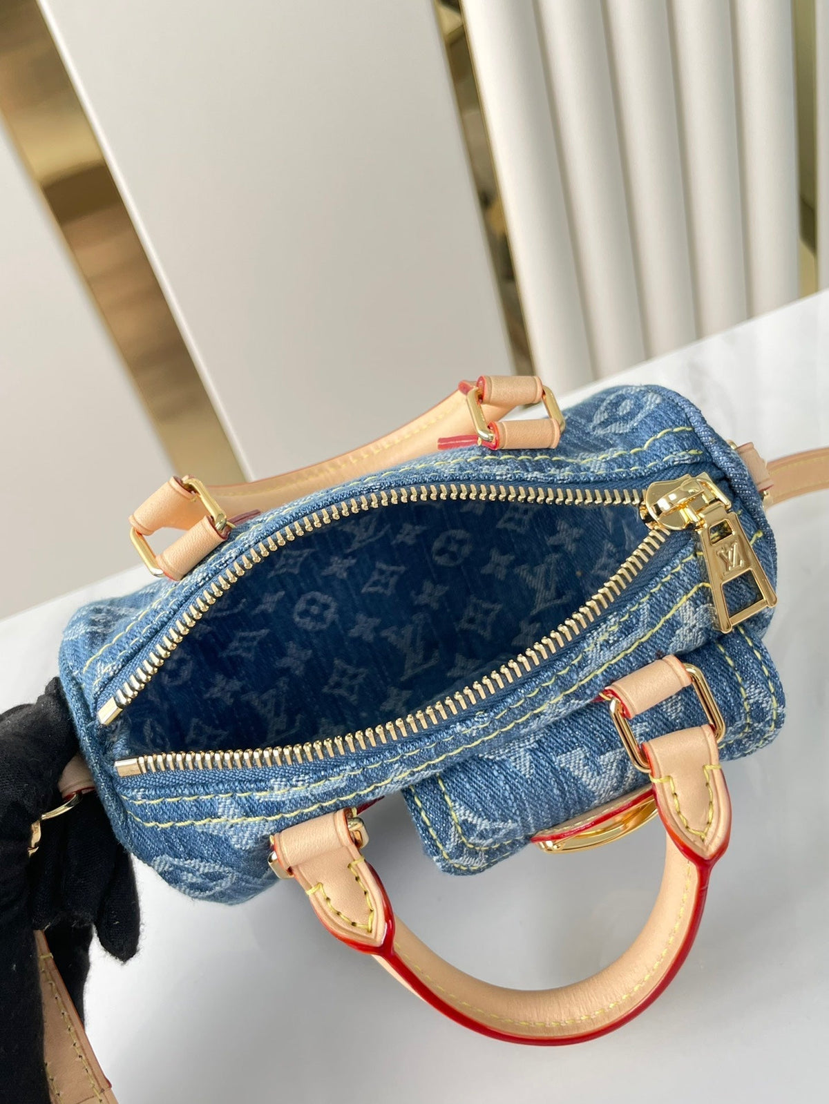 Nano Speedy 16 in Blue Monogram Denim Gold Hardware