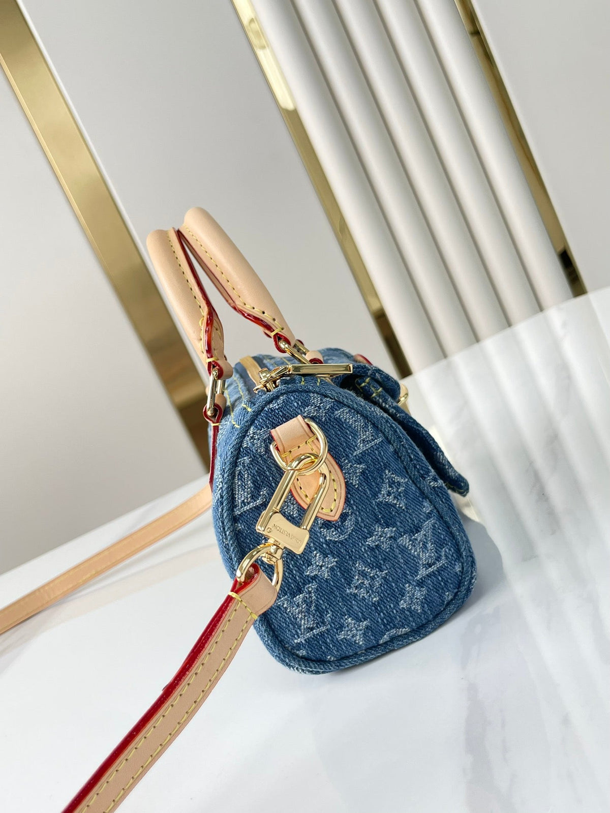 Nano Speedy 16 in Blue Monogram Denim Gold Hardware