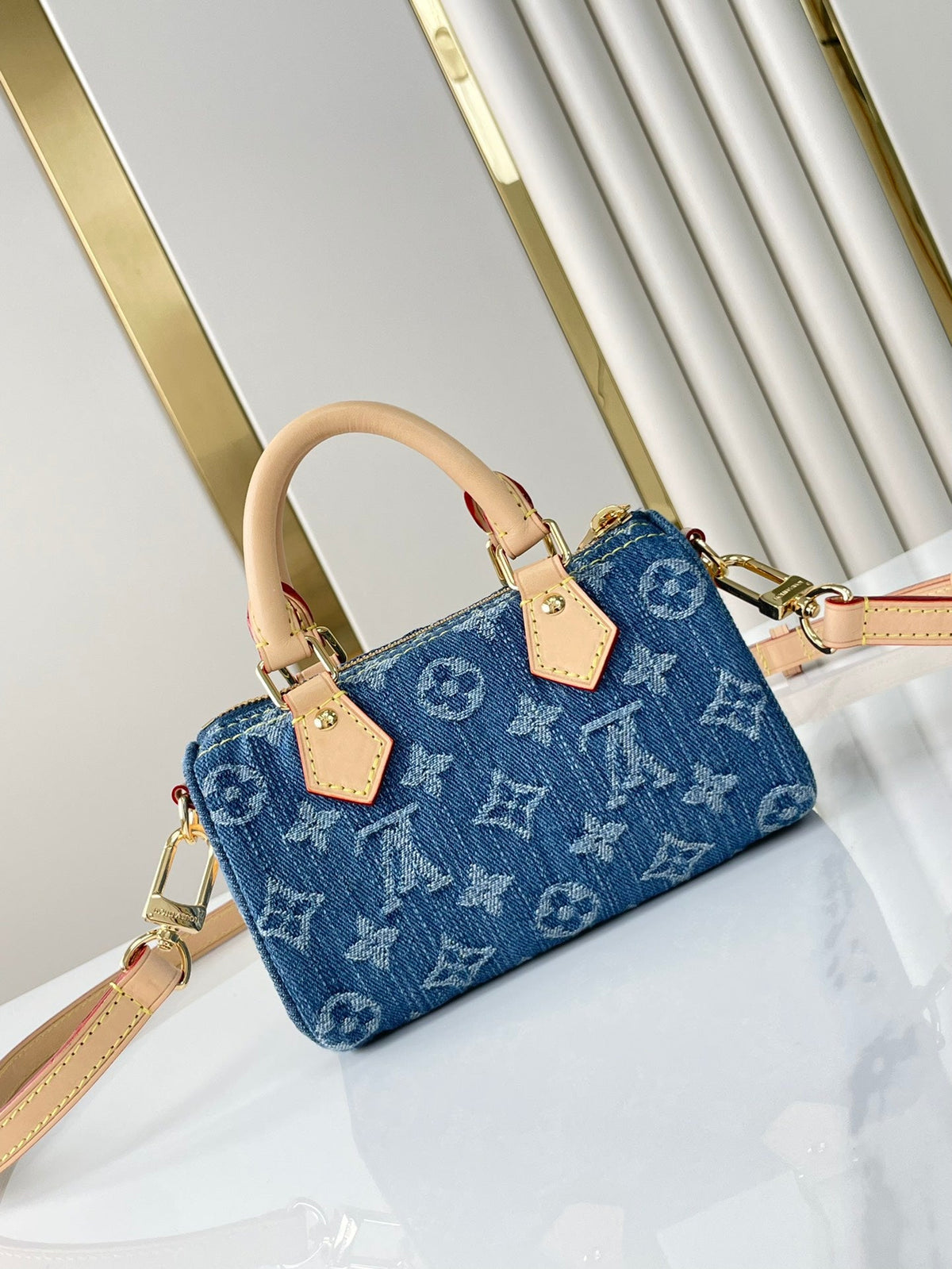 Nano Speedy 16 in Blue Monogram Denim Gold Hardware