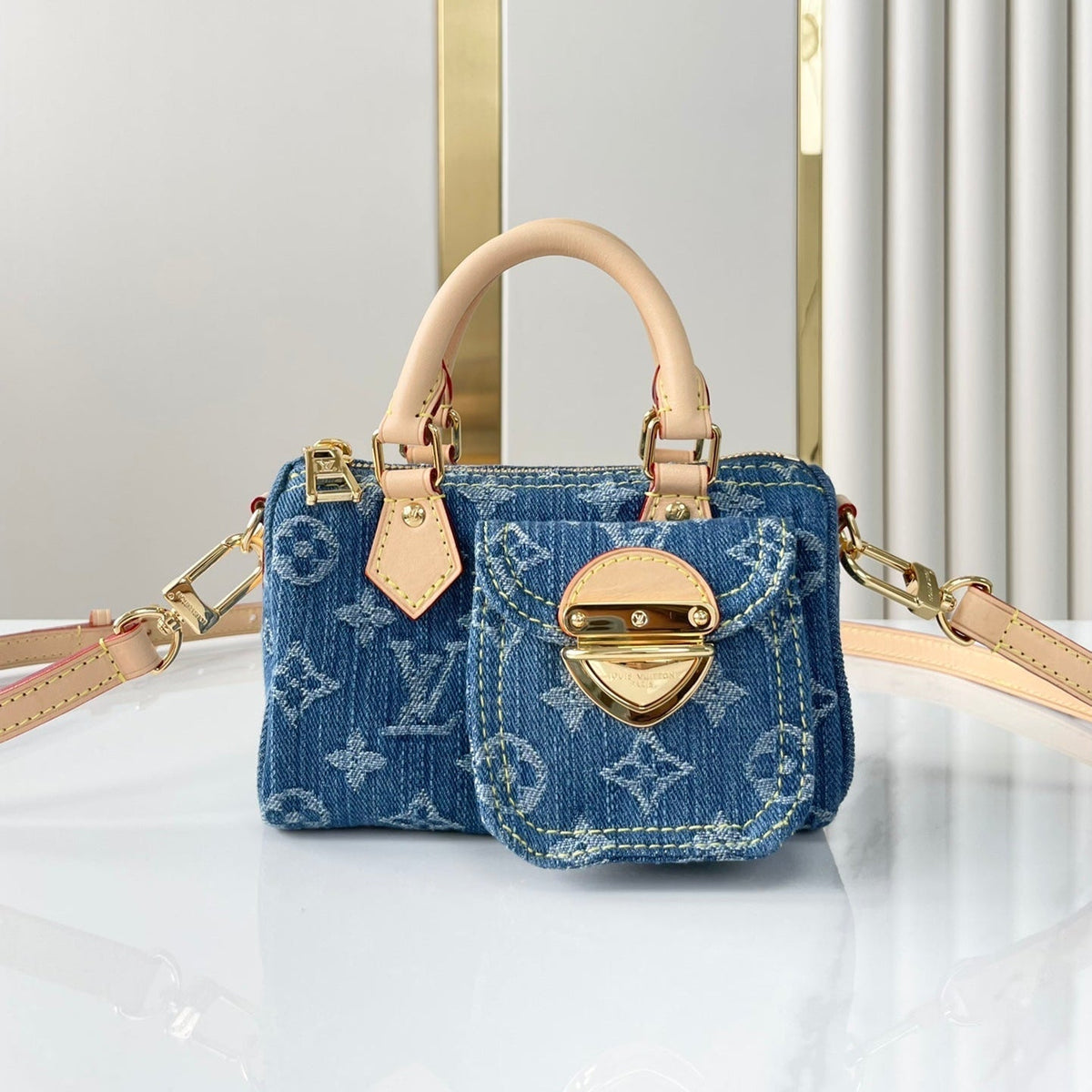 Nano Speedy 16 in Blue Monogram Denim Gold Hardware