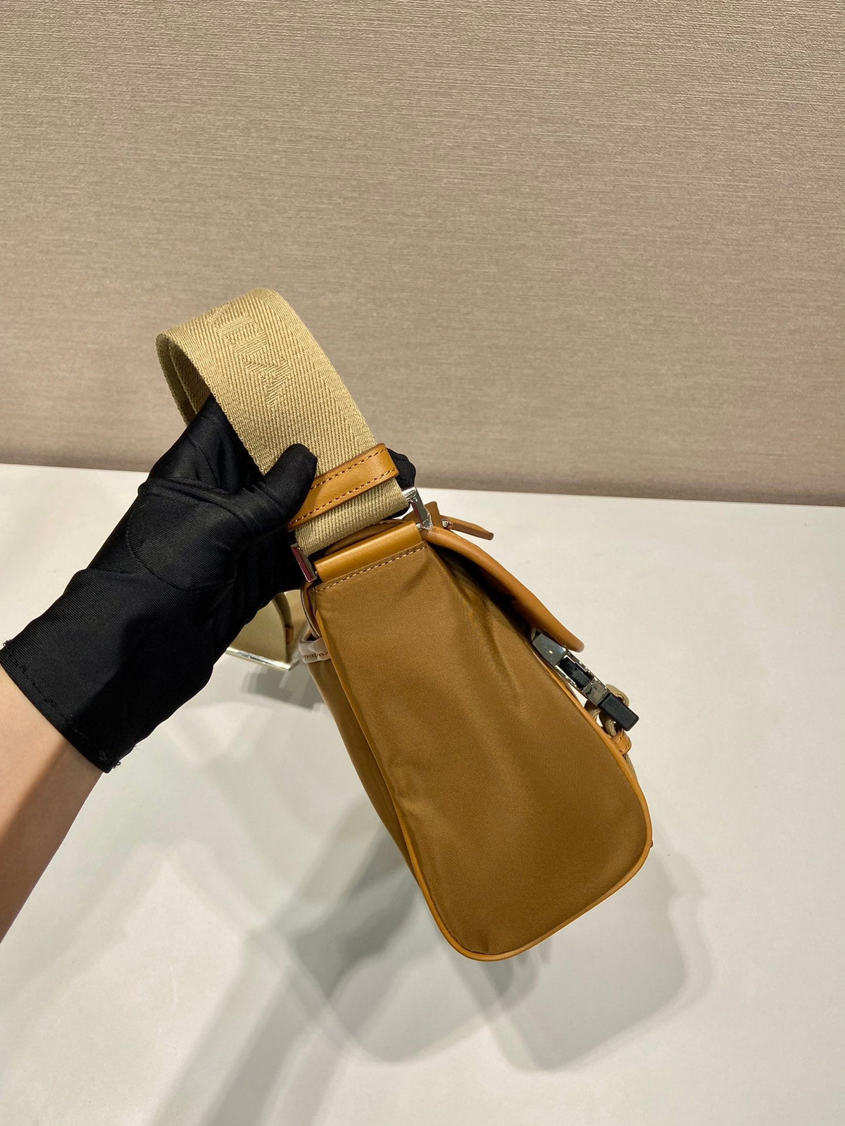 Small Flap Bag 20 in Cider Brown Re-nylon and Calfskin Trim