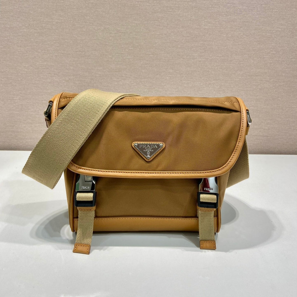 Small Flap Bag 20 in Cider Brown Re-nylon and Calfskin Trim