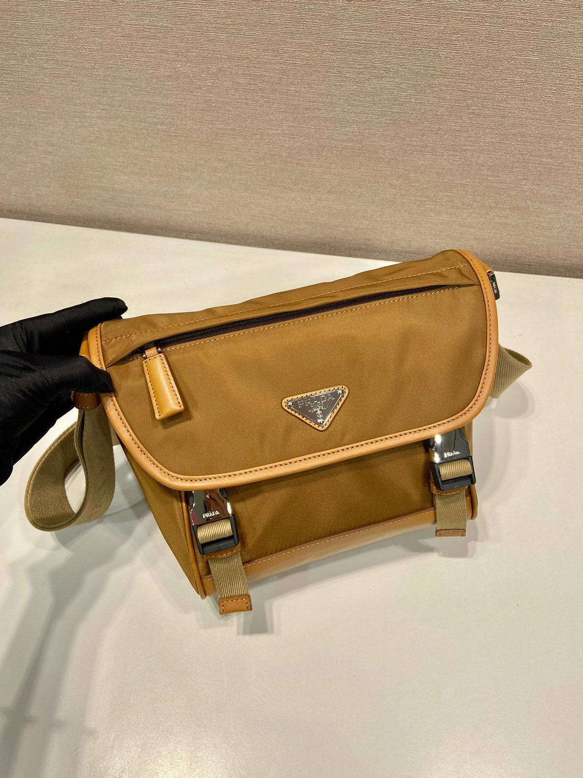 Small Flap Bag 20 in Cider Brown Re-nylon and Calfskin Trim