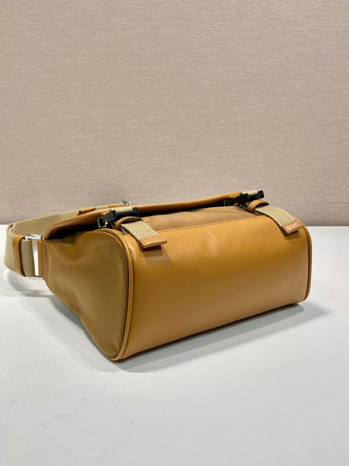 Small Flap Bag 20 in Cider Brown Re-nylon and Calfskin Trim