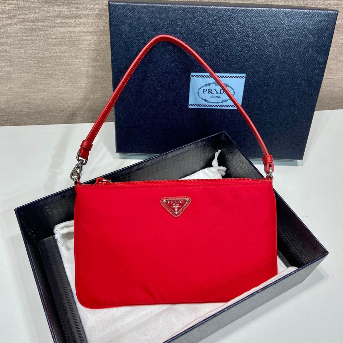 Shoulder Bag 24 with Triangle Logo in Passion Red Re-nylon Fabric
