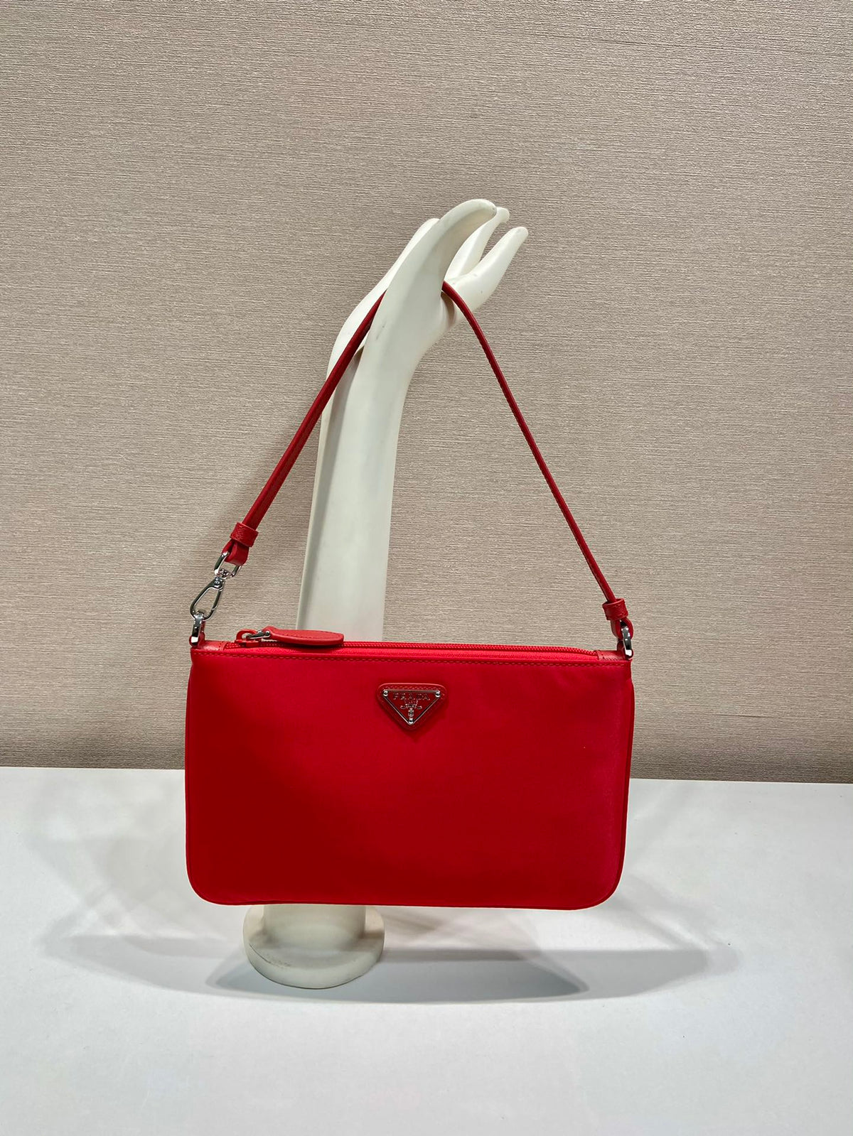 Shoulder Bag 24 with Triangle Logo in Passion Red Re-nylon Fabric