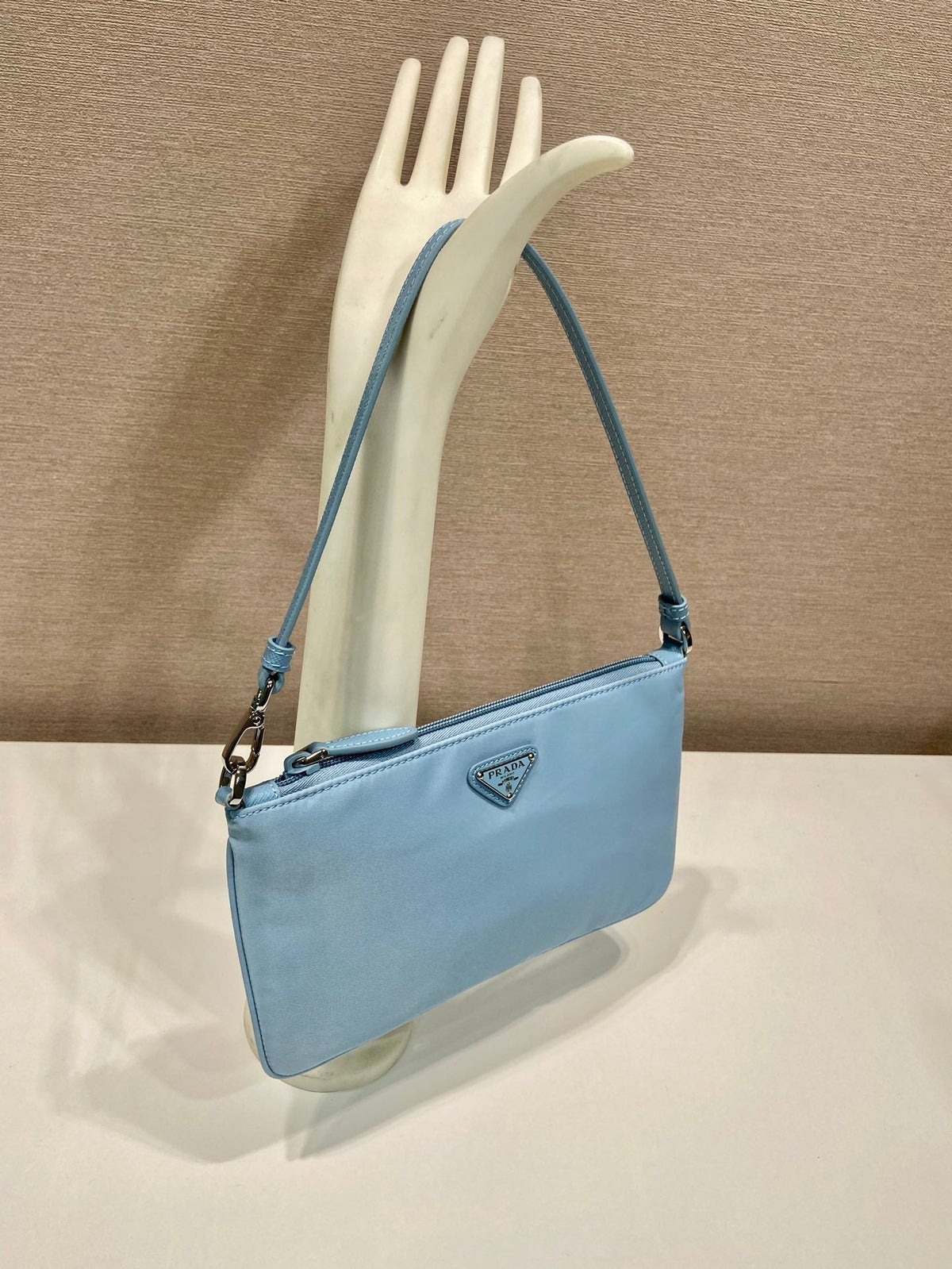 Shoulder Bag 24 with Triangle Logo in Sky Blue Re-nylon Fabric