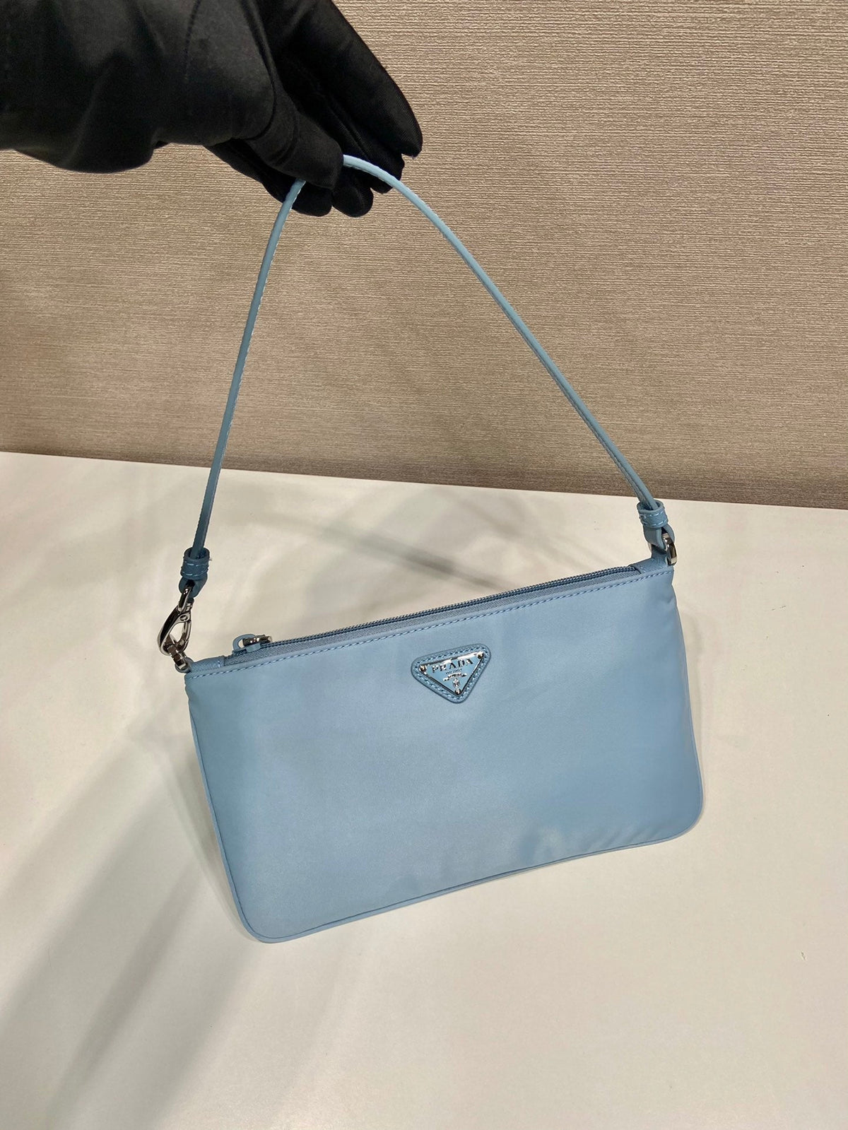 Shoulder Bag 24 with Triangle Logo in Sky Blue Re-nylon Fabric