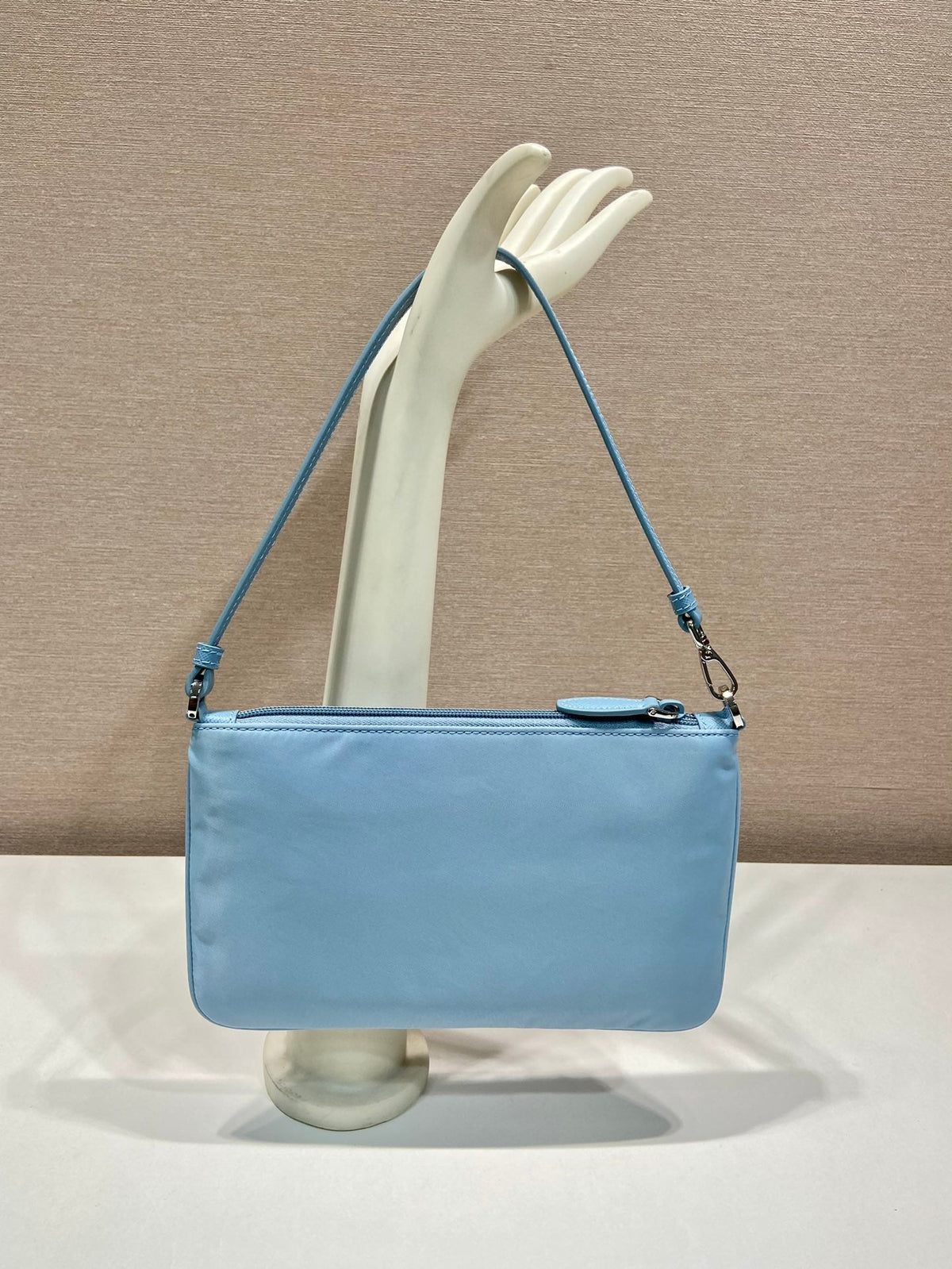 Shoulder Bag 24 with Triangle Logo in Sky Blue Re-nylon Fabric