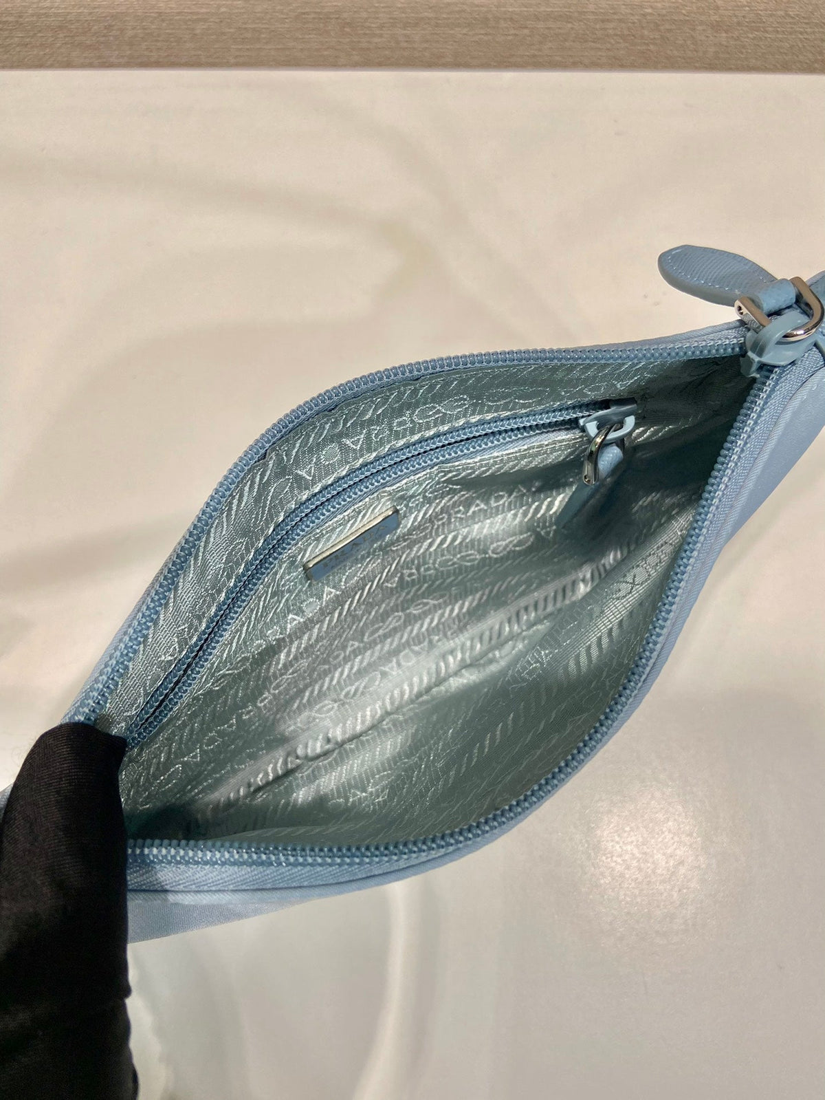 Shoulder Bag 24 with Triangle Logo in Sky Blue Re-nylon Fabric