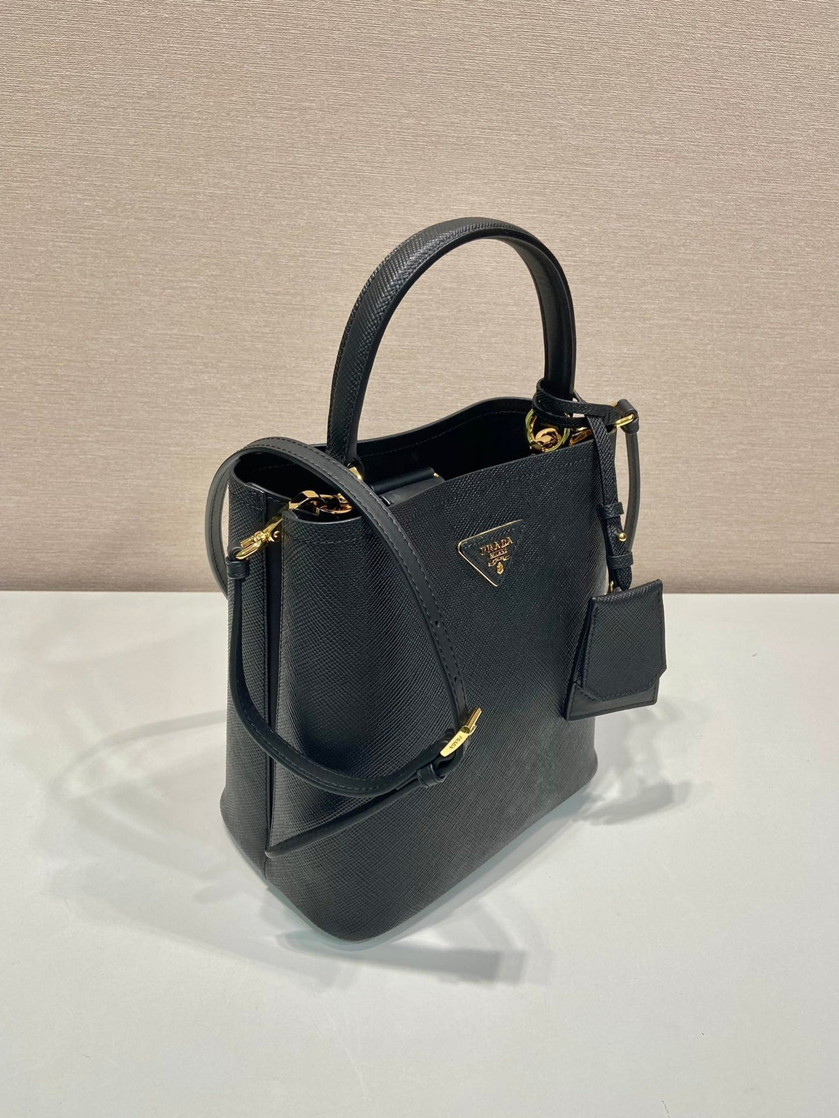 Bucket Bag 23 in Black Saffiano Leather