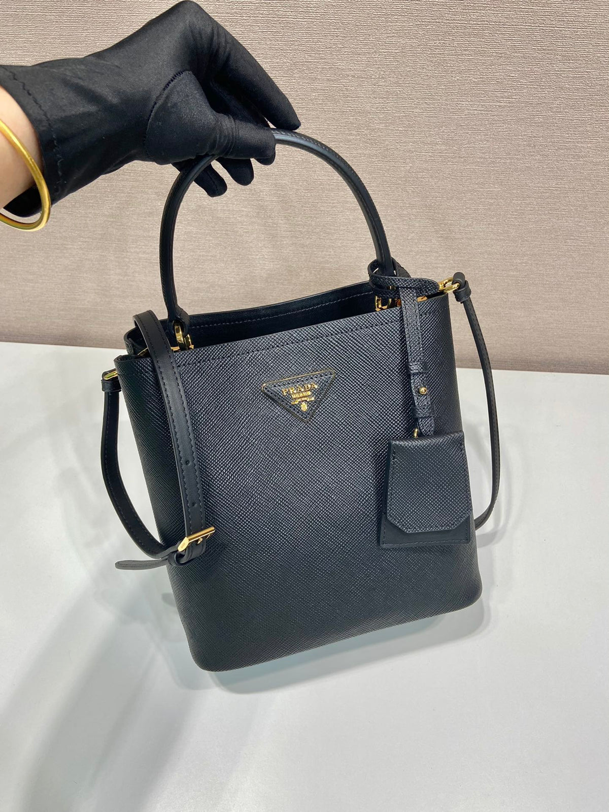 Bucket Bag 23 in Black Saffiano Leather