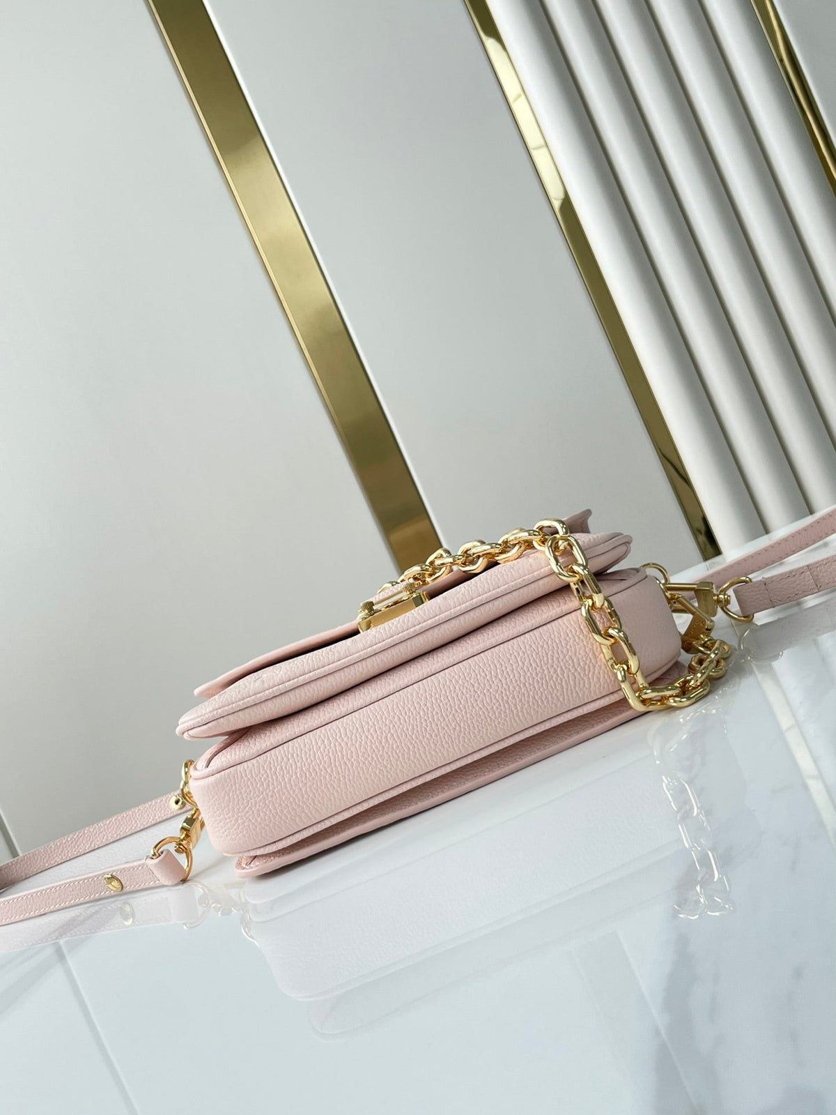 Pochette Métis East West 21 in Pink Opale Monogram Eclipse Canvas Gold Buckle