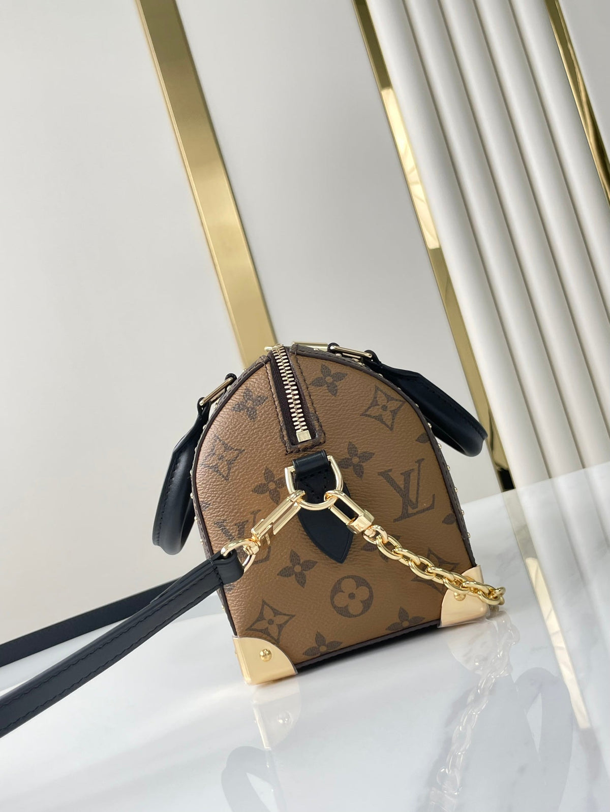 Speedy Trunk 20 in Brown Monogram Canvas and Black Calfskin Trim Gold Buckle