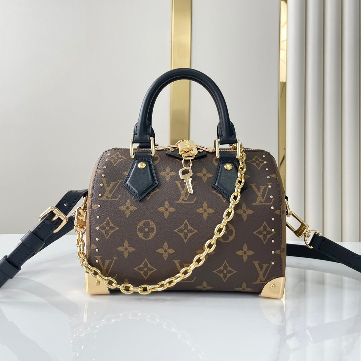 Speedy Trunk 20 in Brown Monogram Canvas and Black Calfskin Trim Gold Buckle