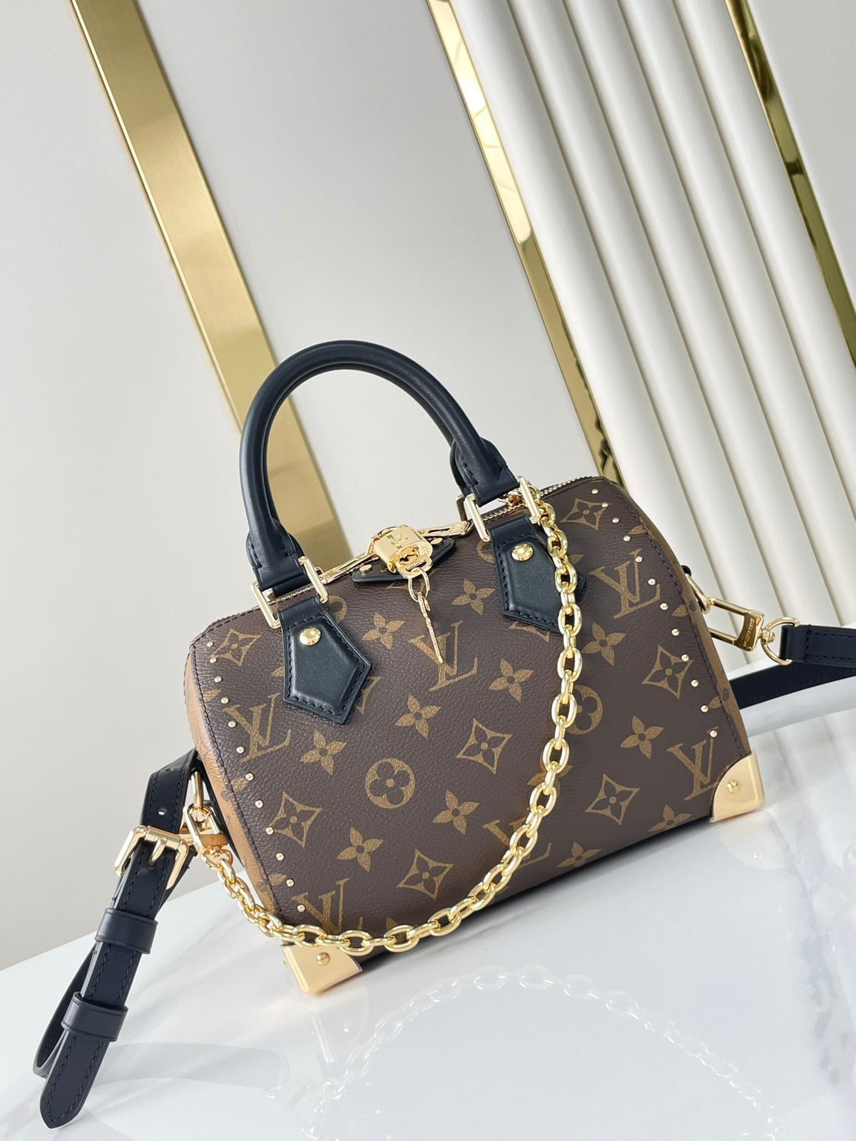 Speedy Trunk 20 in Brown Monogram Canvas and Black Calfskin Trim Gold Buckle