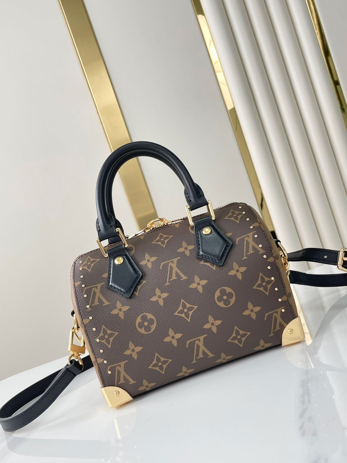 Speedy Trunk 20 in Brown Monogram Canvas and Black Calfskin Trim Gold Buckle