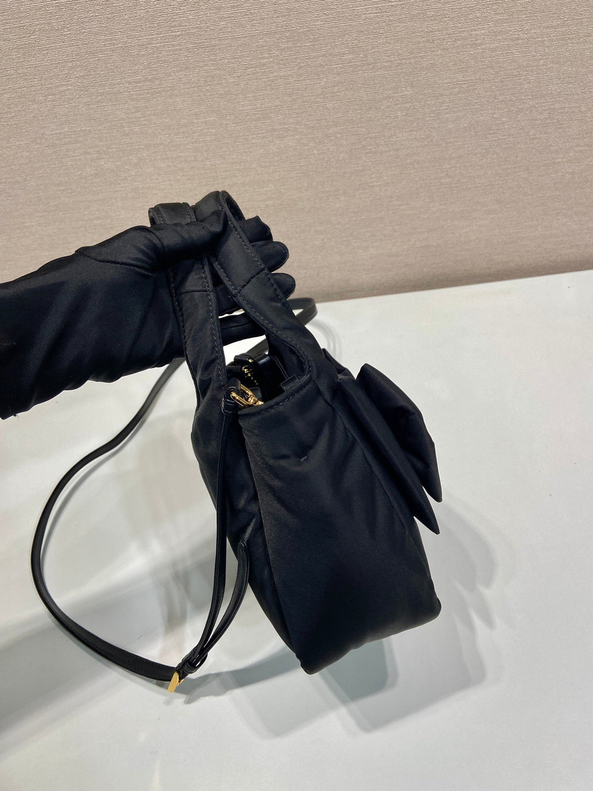 Mini Bow Tote Bag 18 in Black Padded Nylon Fabric