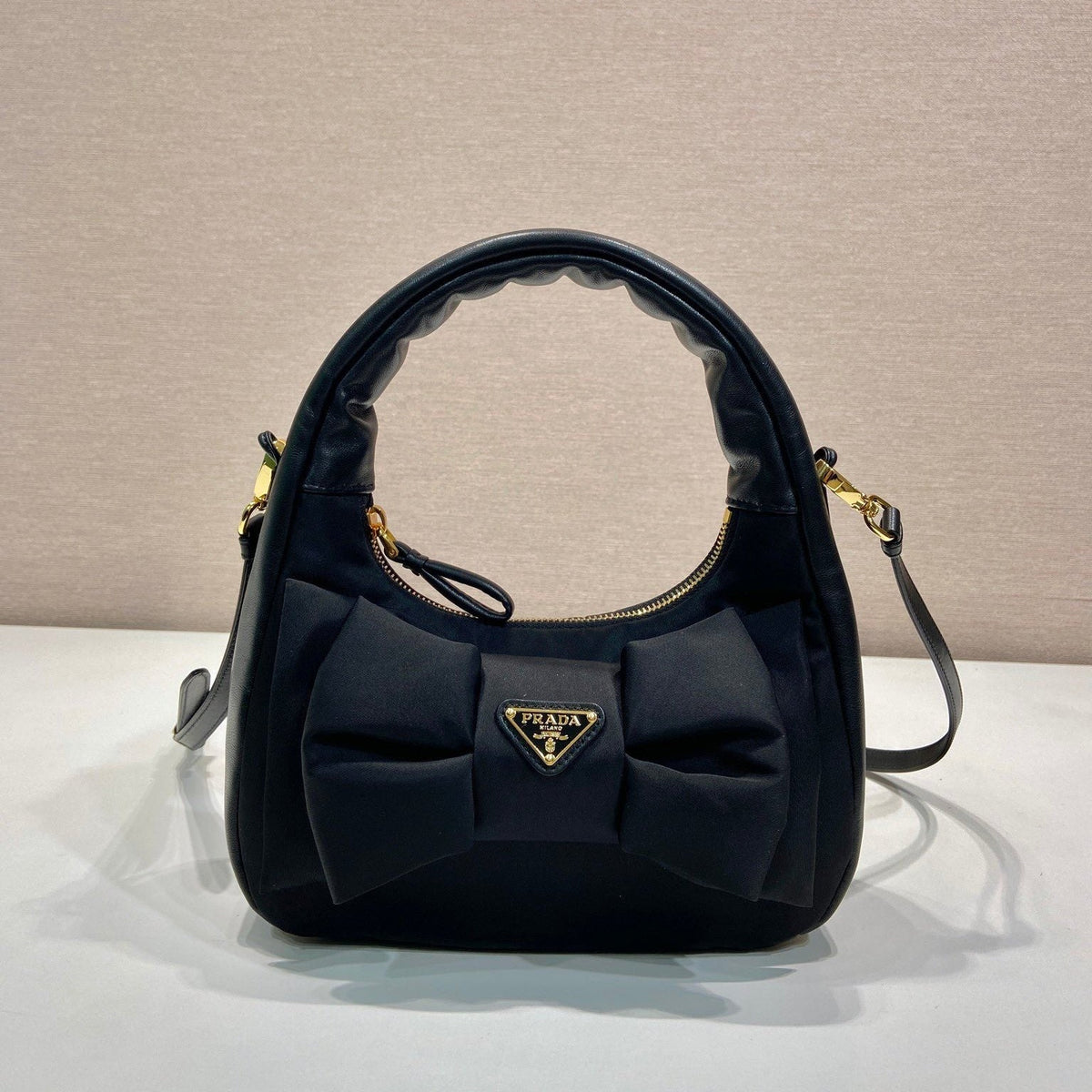 Bow Hobo Bag 22 in Black Re-nylon and Lambskin